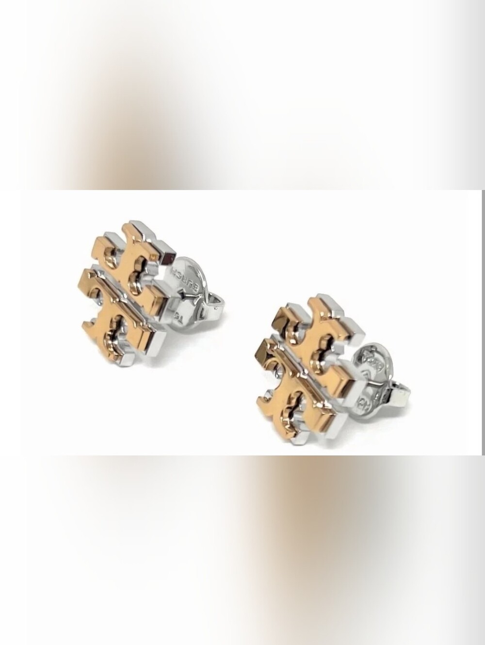 Tory Burch Two-Tone Logo Stud Earrings in Rose Gold and Silver